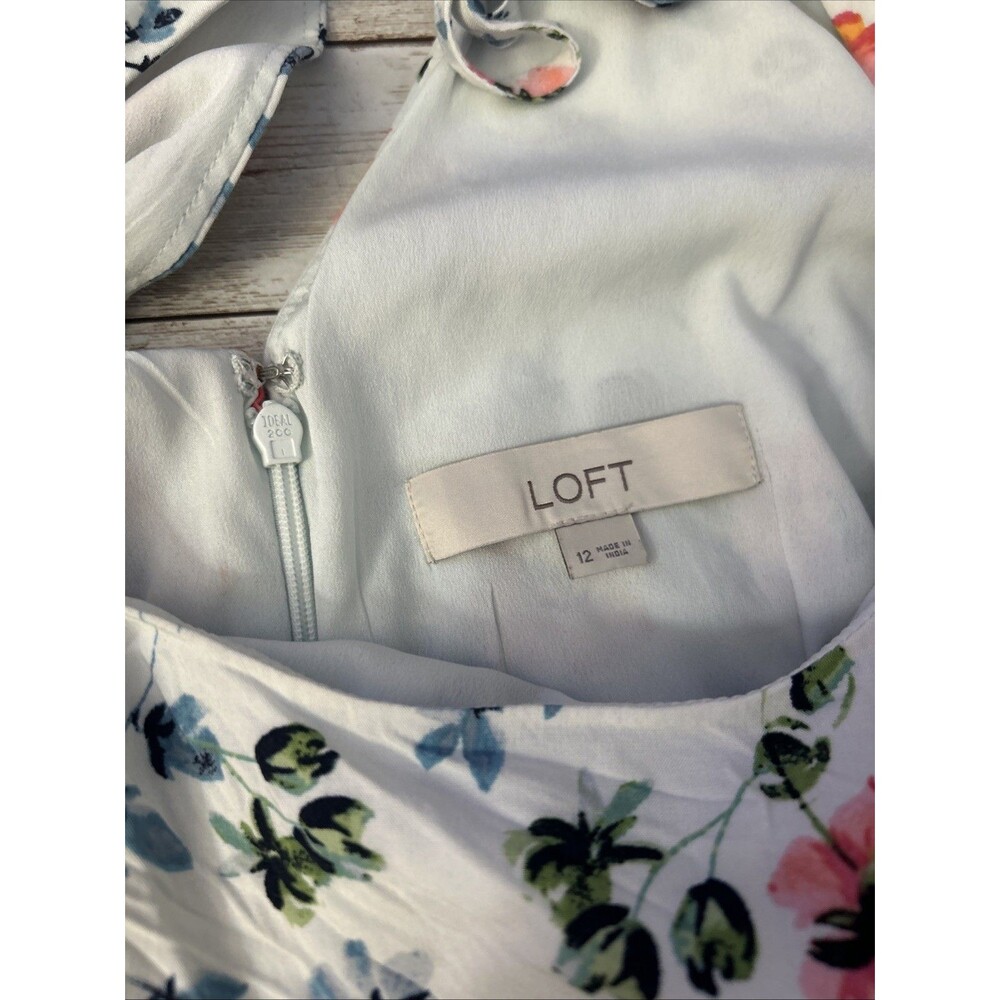 LOFT Blue Breeze Floral Print Dress Tie Back Bell 3/4 Sleeve White Pink Size 12 - Picture 9 of 10